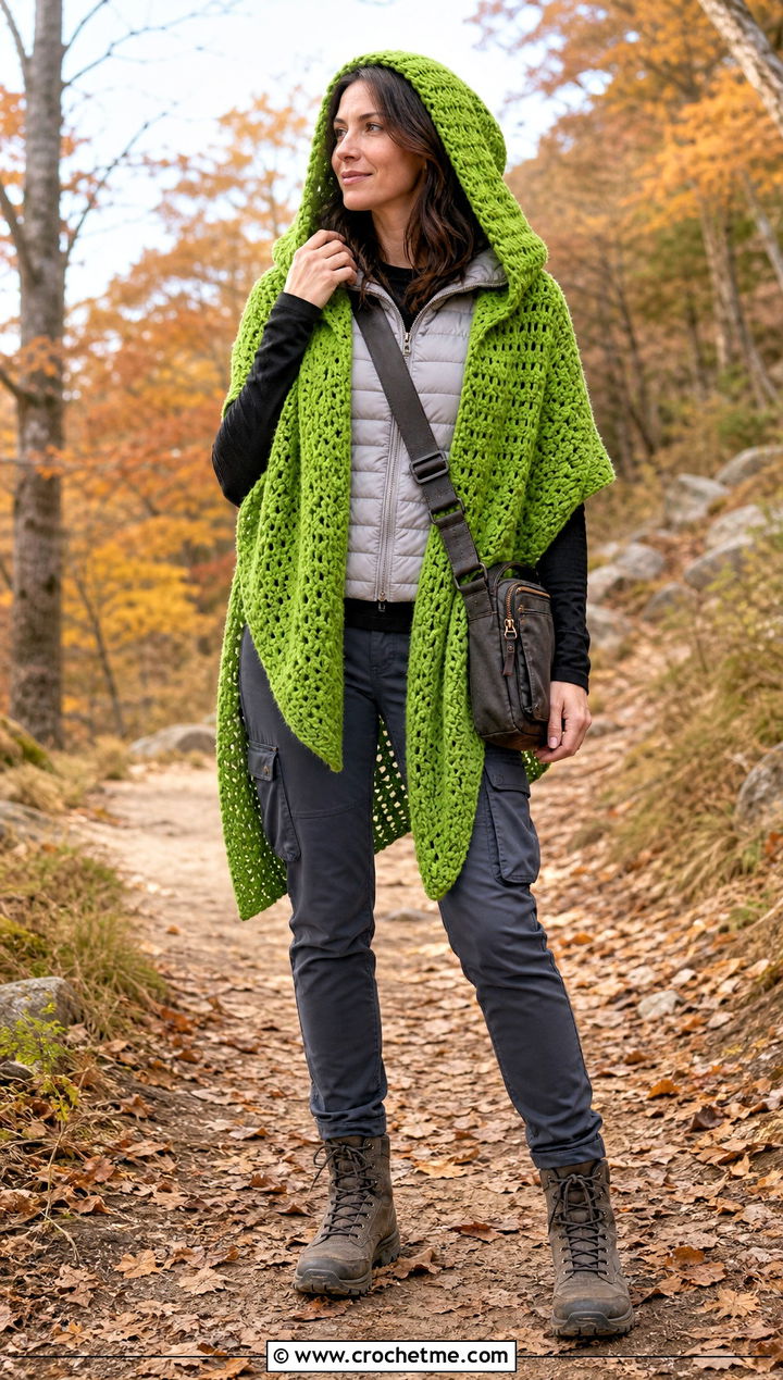 Hooded Crochet Shawl With Puffer Vest And Cargo Pants - 30 simple crochet shawls and wraps outfit ideas