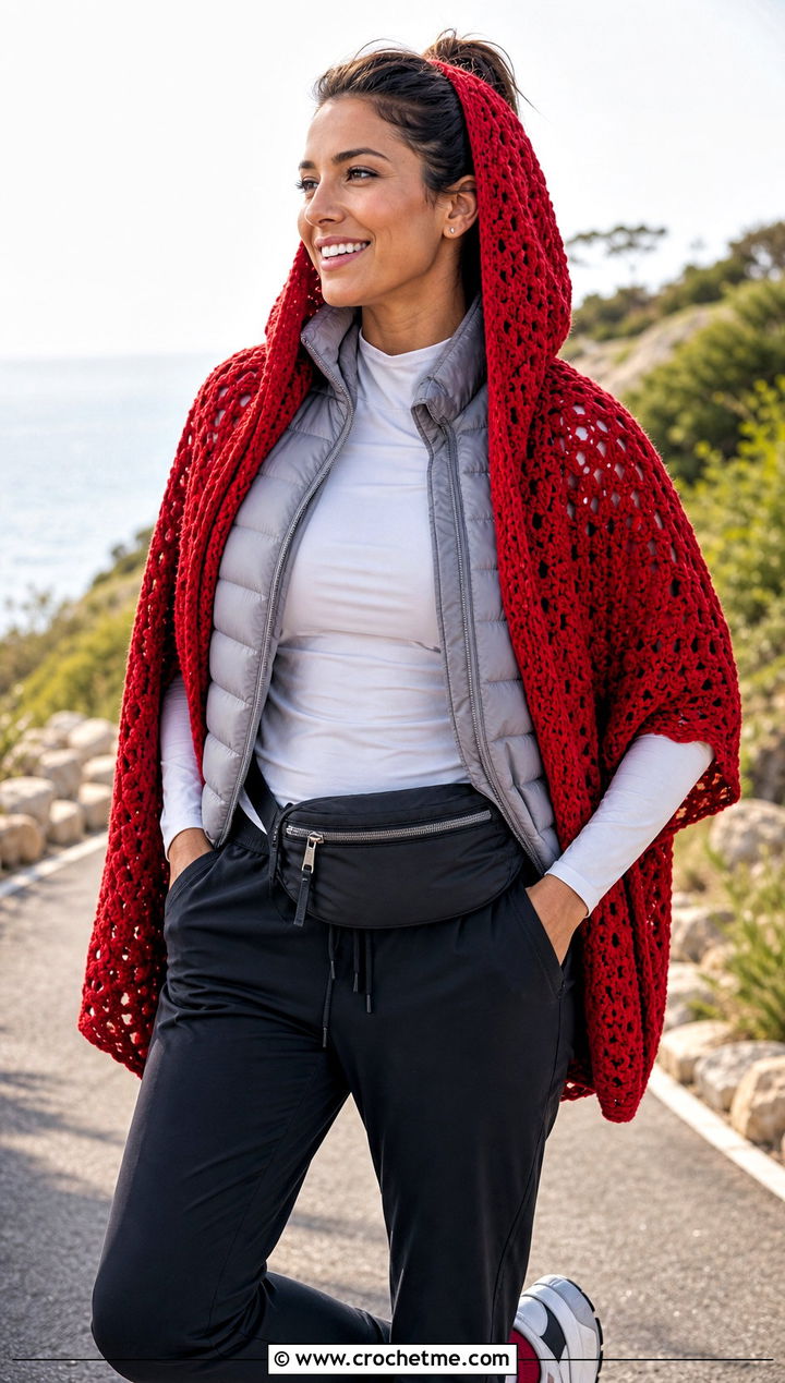 Hooded Crochet Shawl With Puffer Vest And Joggers - 30 crochet shawl wrap outfit ideas