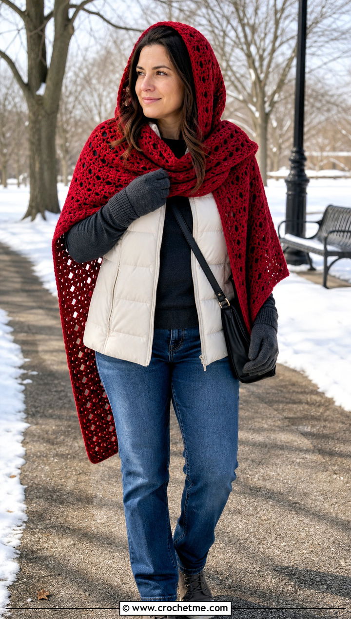 Hooded Crochet Shawl With Puffer Vest - 30 boho crochet shawl outfit ideas