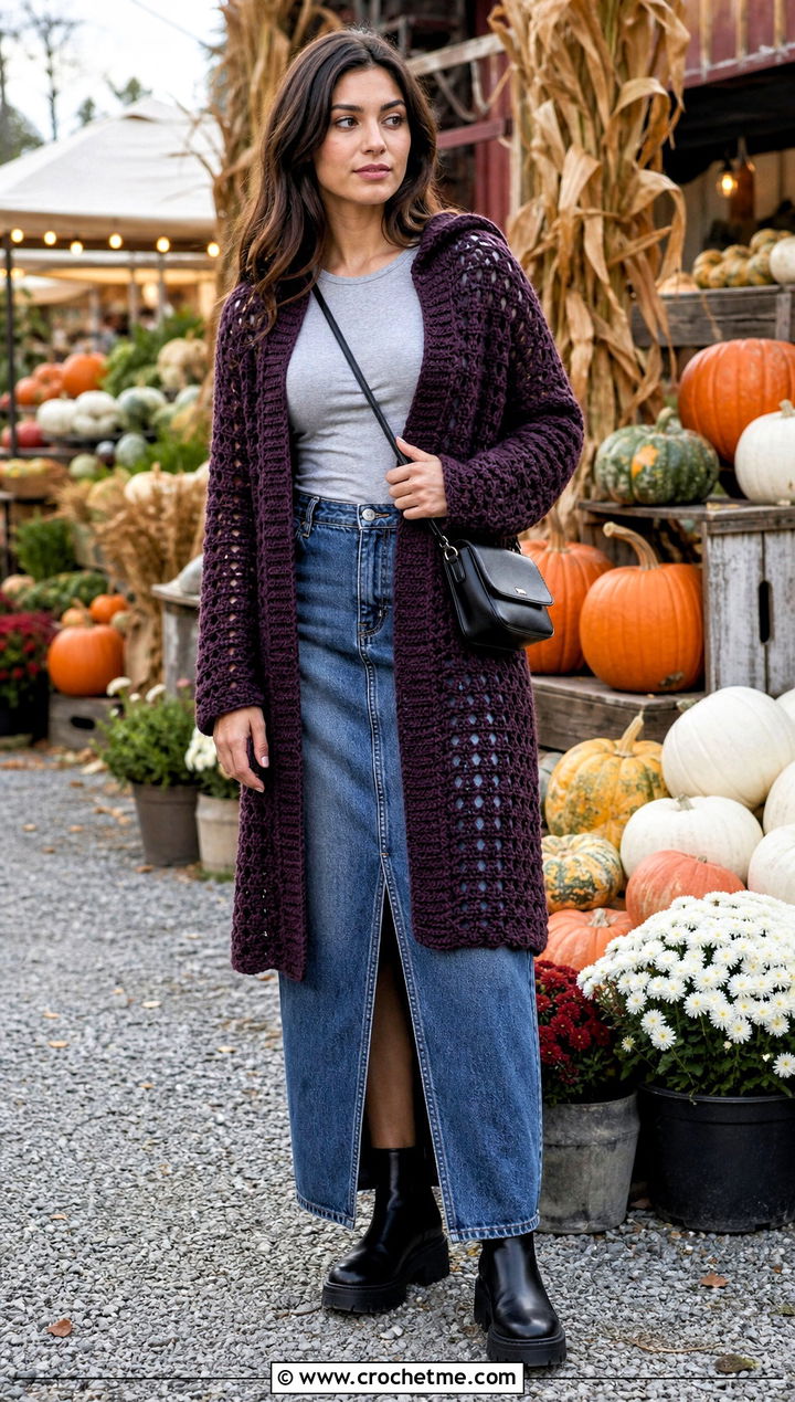 Hooded Crochet Shawl With Sleeves And Denim Maxi Skirt - 35 crochet shawl with sleeves outfit ideas