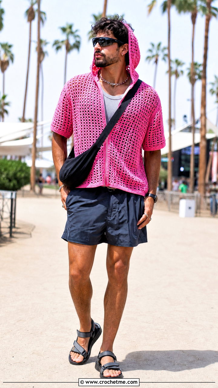 Hooded Crochet Shirt With Nylon Shorts - 35 crochet shirts for men outfit ideas