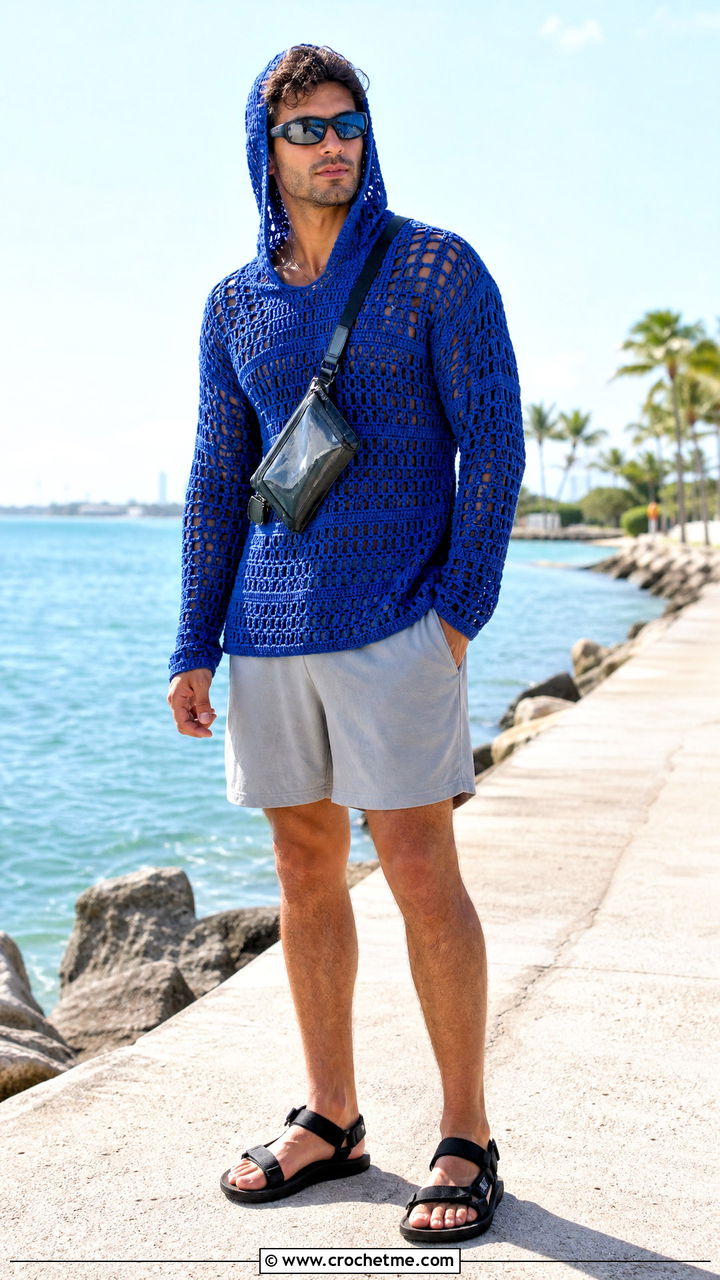 Hooded Crochet Shirt With Nylon Shorts - 35 crochet shirt men outfit ideas
