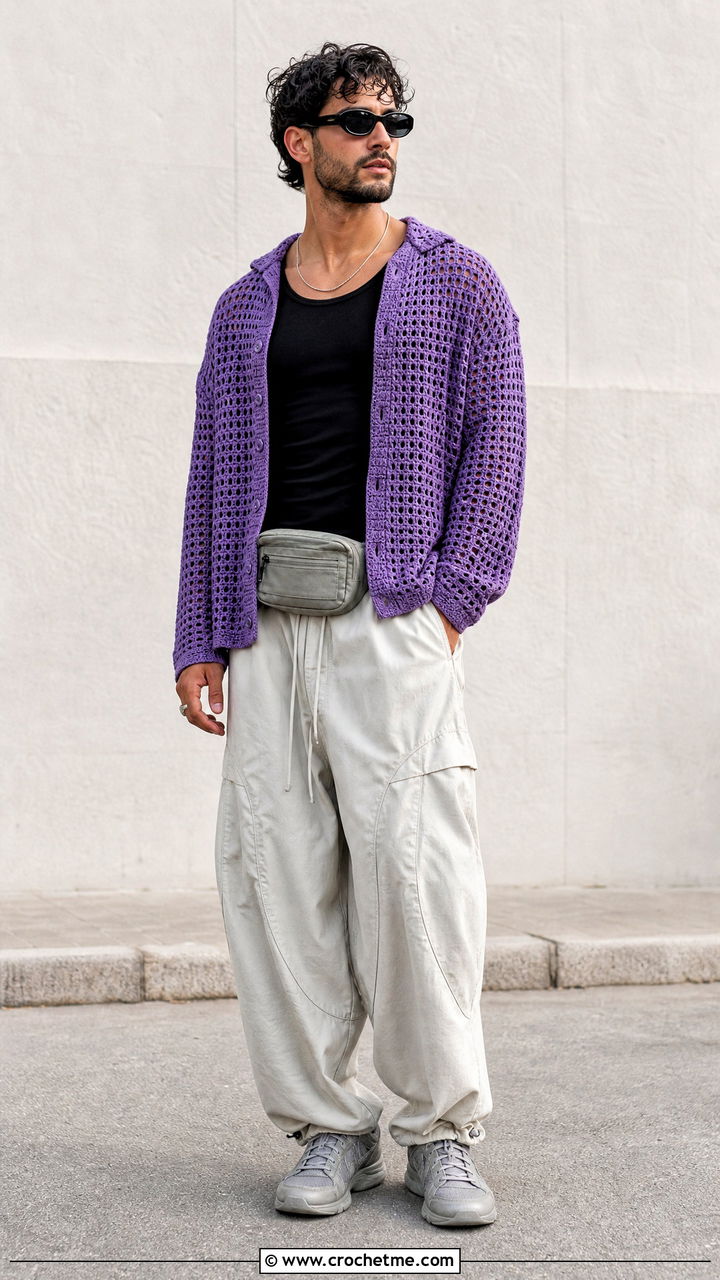 Hooded Crochet Shirt With Parachute Pants - 35 mens crochet shirt outfit ideas
