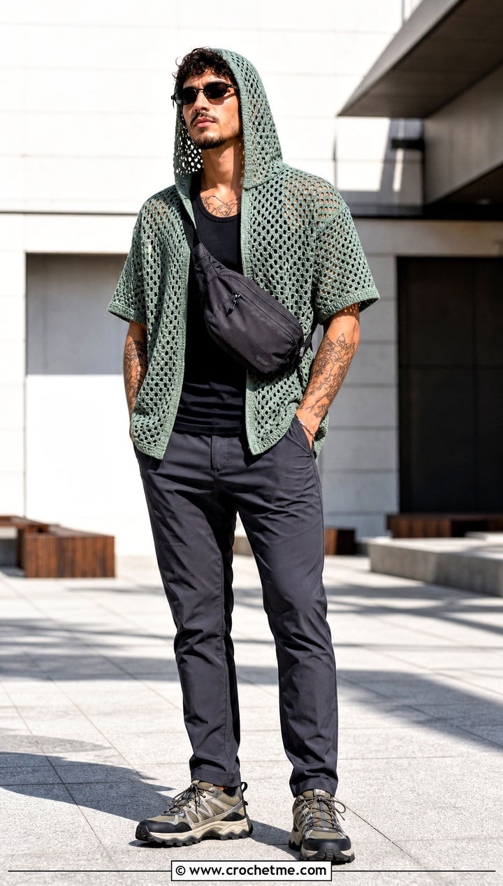 Hooded Crochet Shirt With Technical Pants - 35 crochet man shirt outfit ideas