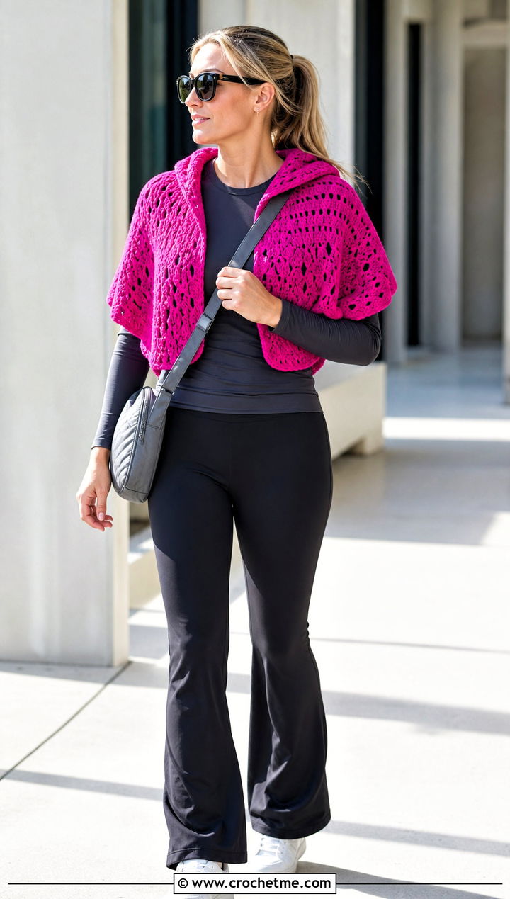 Hooded Crochet Shoulder Shawl With Athleisure Outfit - 25 Crochet Shoulder Shawl outfit ideas