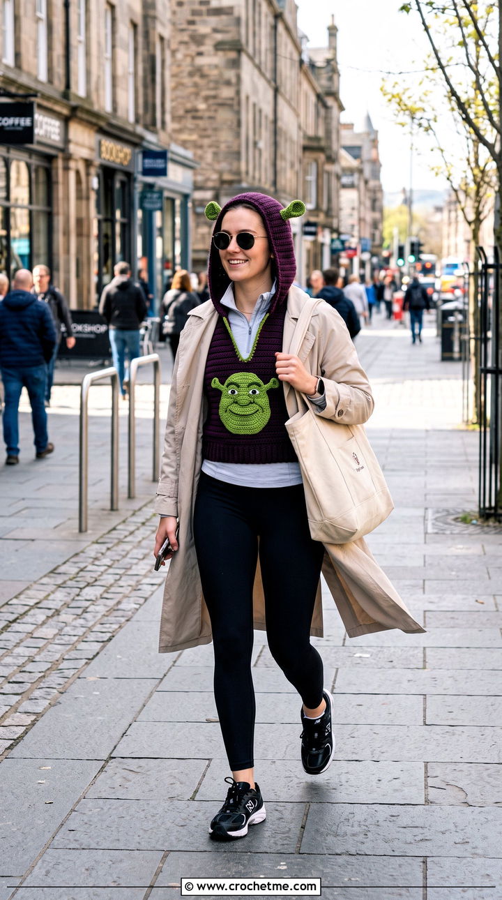 Hooded Crochet Shrek Vest With Leggings and a Trench Coat - 15 Crochet Shrek Vest outfit ideas