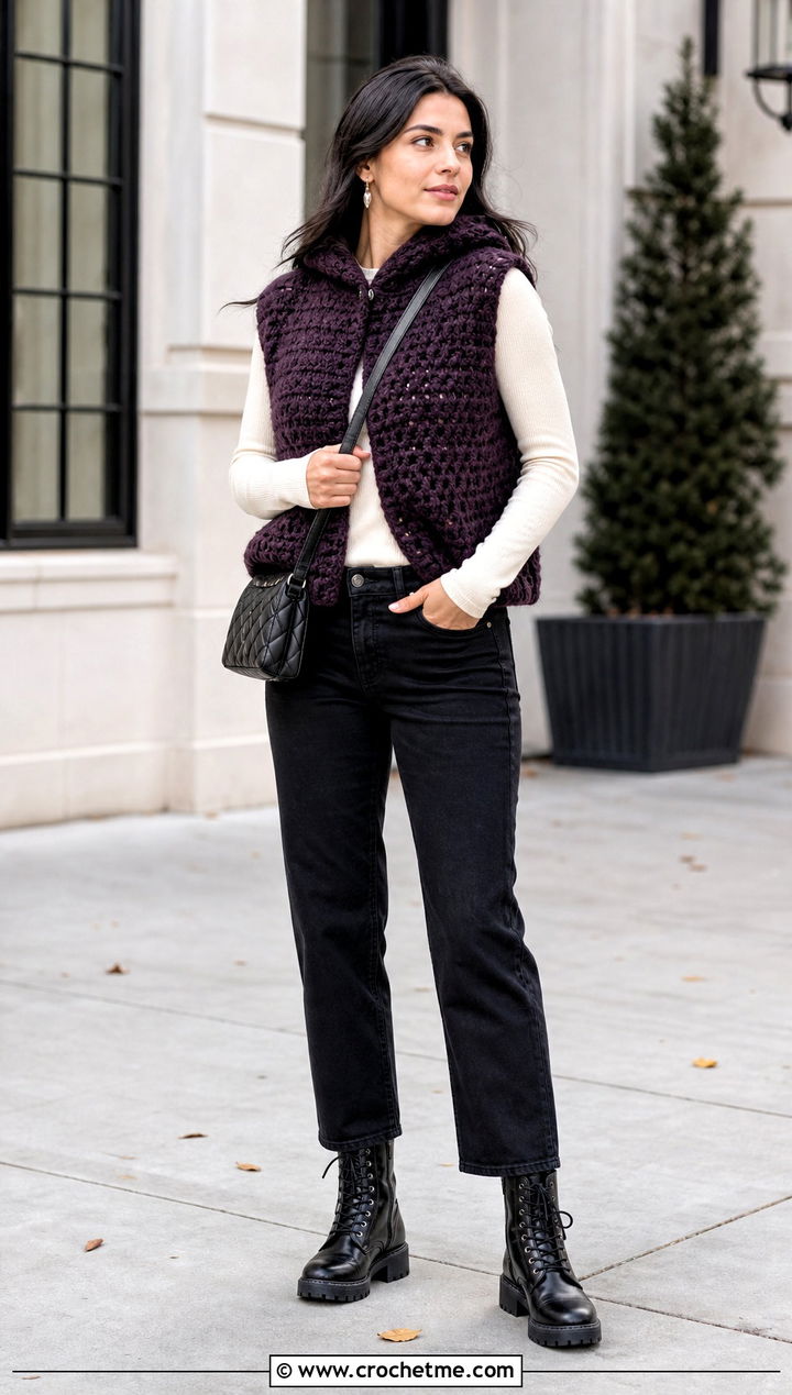 Hooded Crochet Shrug Vest With Straight Leg Jeans - 15 crochet shrug vest outfit ideas