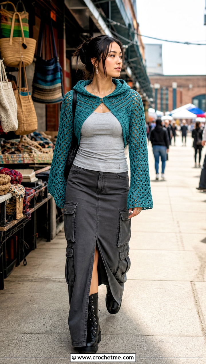 Hooded Crochet Shrug With Cargo Maxi Skirt - 20 Super Cropped Crochet Sweater outfit ideas