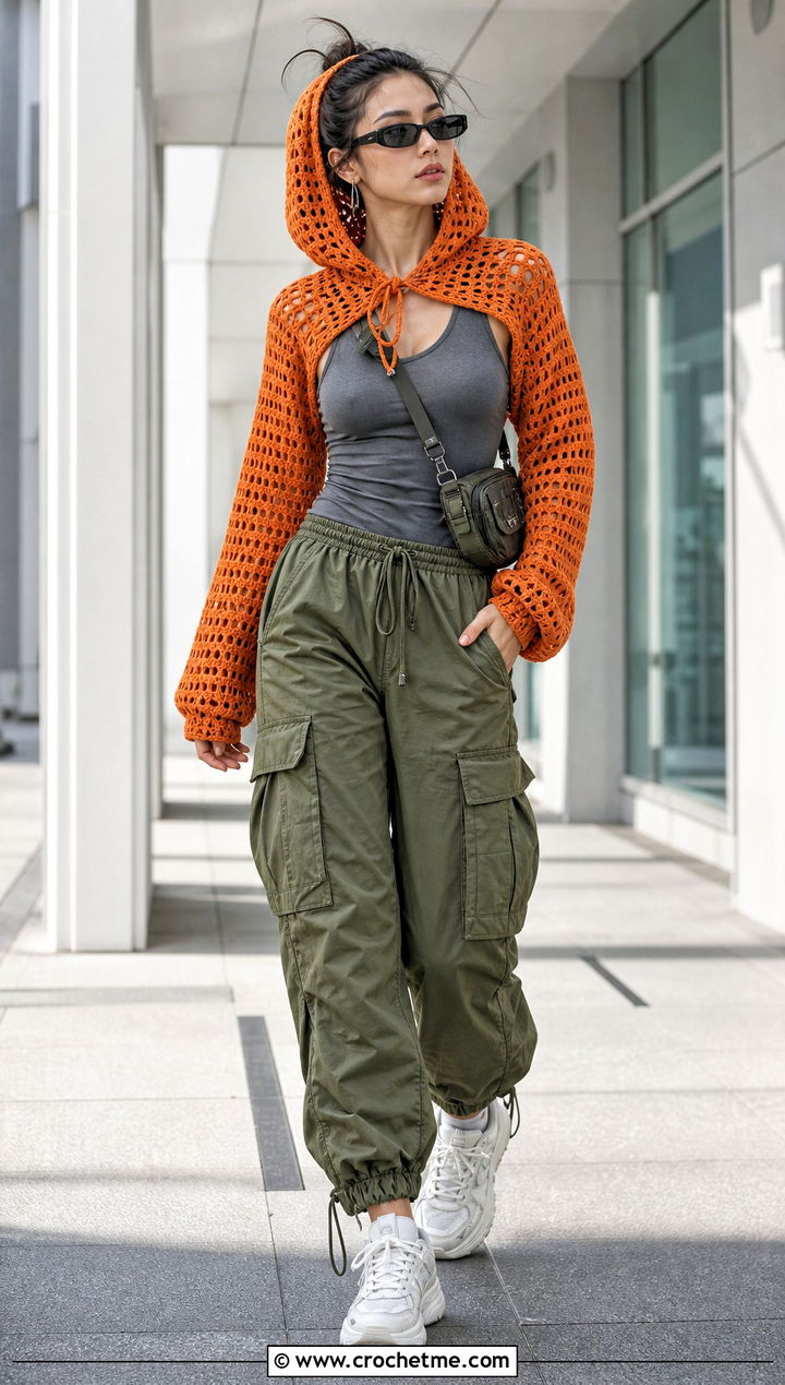 Hooded Crochet Shrug With Cargo Pants - 25 Mini Crochet Sweater outfit ideas