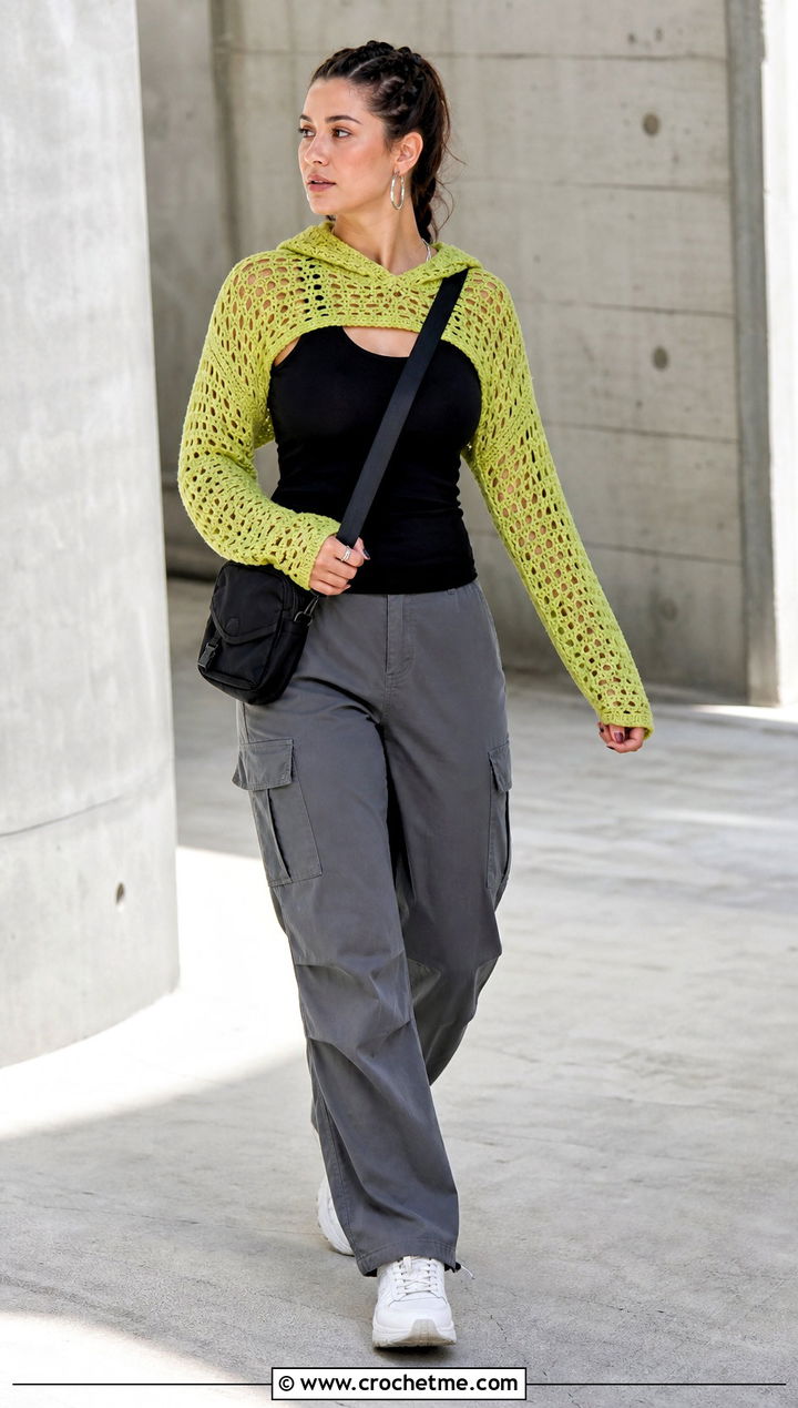 Hooded Crochet Shrug With Cargo Pants - 25 crochet shrugs and boleros outfit ideas