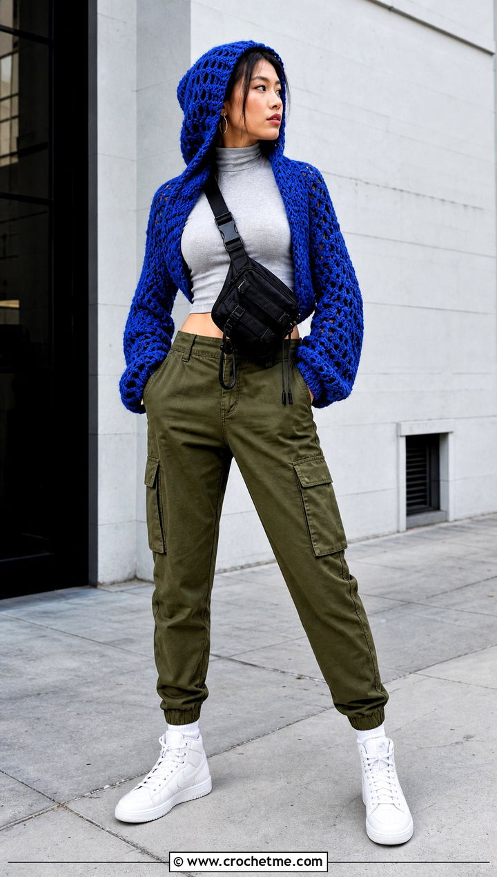 Hooded Crochet Shrug With Cargo Trousers - 30 easy simple crochet shrug outfit ideas