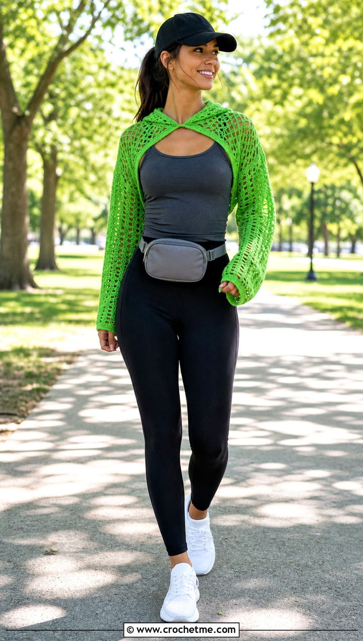 Hooded Crochet Shrug With Leggings And Sneakers - 25 Crochet Shrug Sleeves outfit ideas