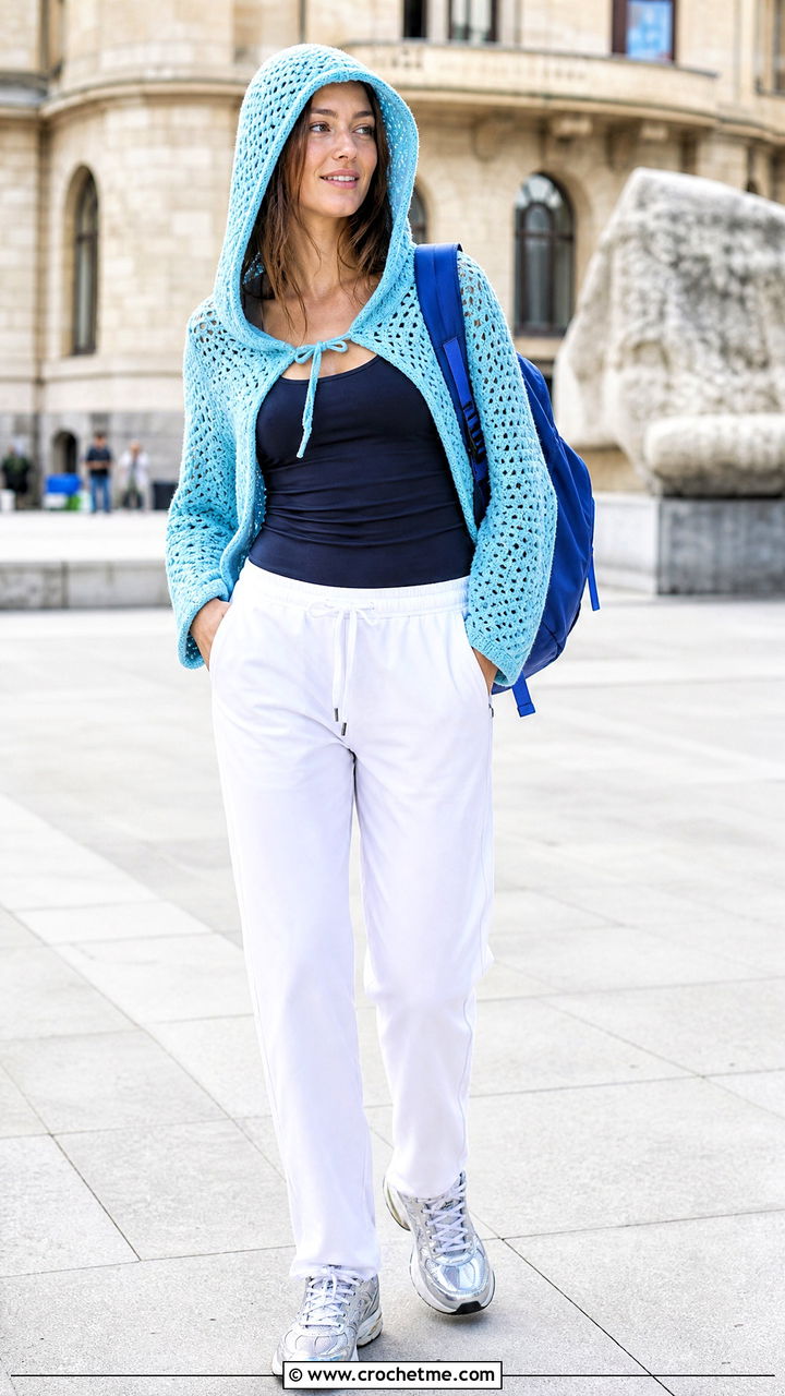 Hooded Crochet Shrug With Track Pants and Trainers - 35 crochet shrugs outfit ideas