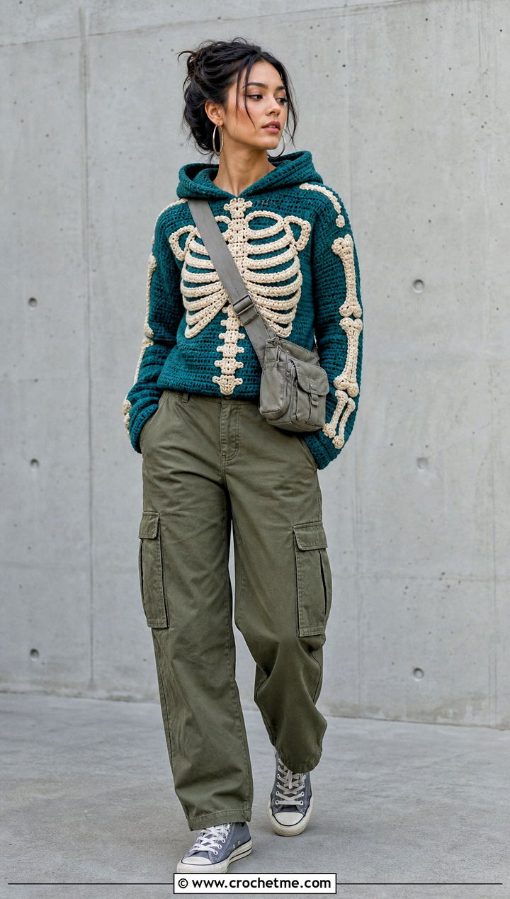 Hooded Crochet Skeleton Sweater With Cargo Pants - 30 Crochet Skeleton Sweater outfit ideas