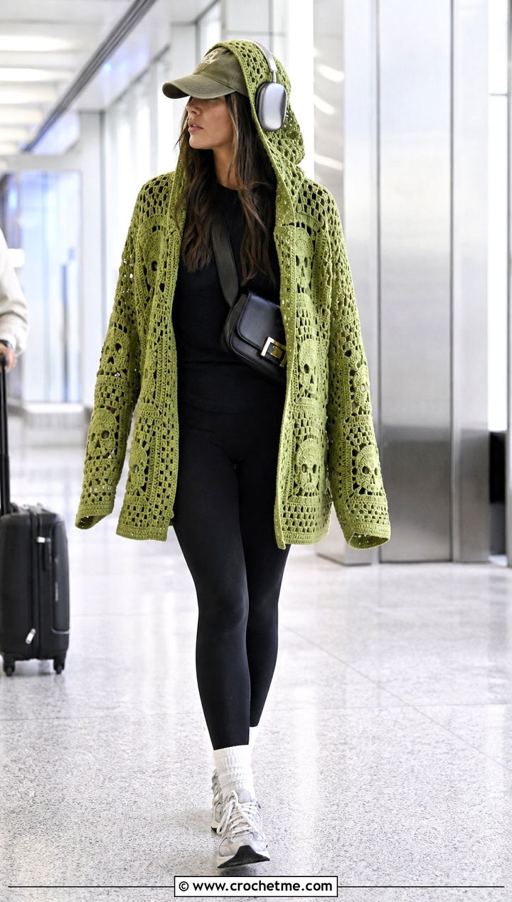 Hooded Crochet Skull Granny Square Cardigan With Black Leggings - 25 crochet skull granny square cardigan outfit ideas