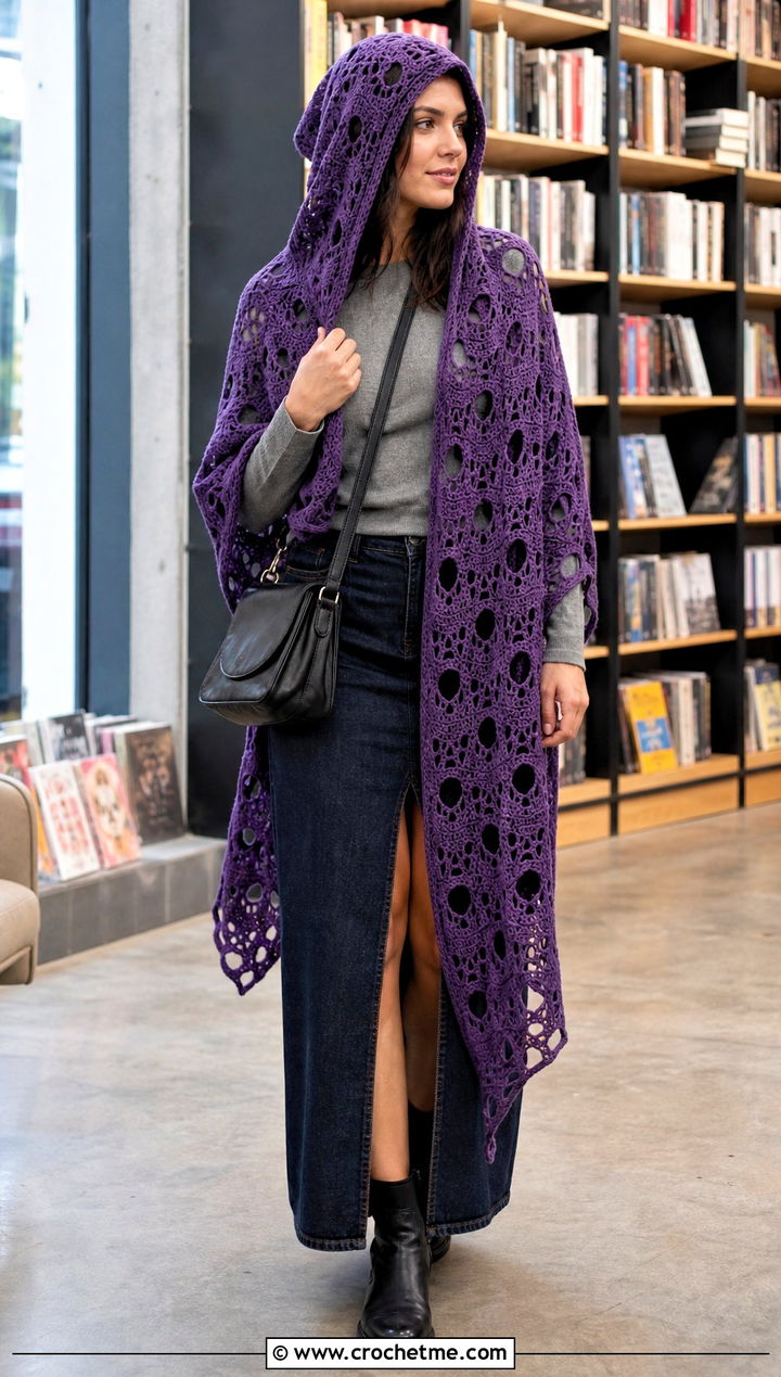 Hooded Crochet Skull Shawl With a Denim Maxi Skirt - 35 crochet skull shawl outfit ideas