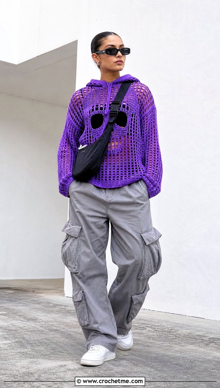 Hooded Crochet Skull Sweater With Cargo Pants - 35 crochet skull sweater outfit ideas