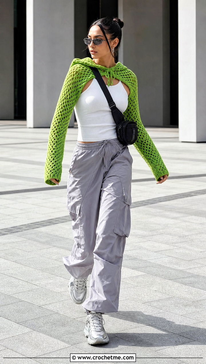 Hooded Crochet Sleeve Wrap With Cargo Pants - 35 crochet wrap with sleeves outfit ideas