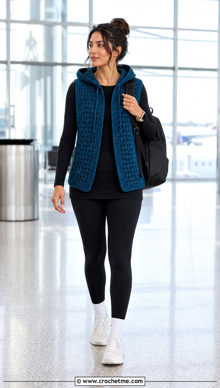 Hooded Crochet Sleeveless Vest With Leggings - 35 crochet sleeveless vest outfit ideas