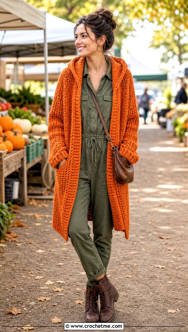 Hooded Crochet Slouchy Cardigan With Utility Jumpsuit - 20 Crochet Slouchy Cardigan outfit ideas