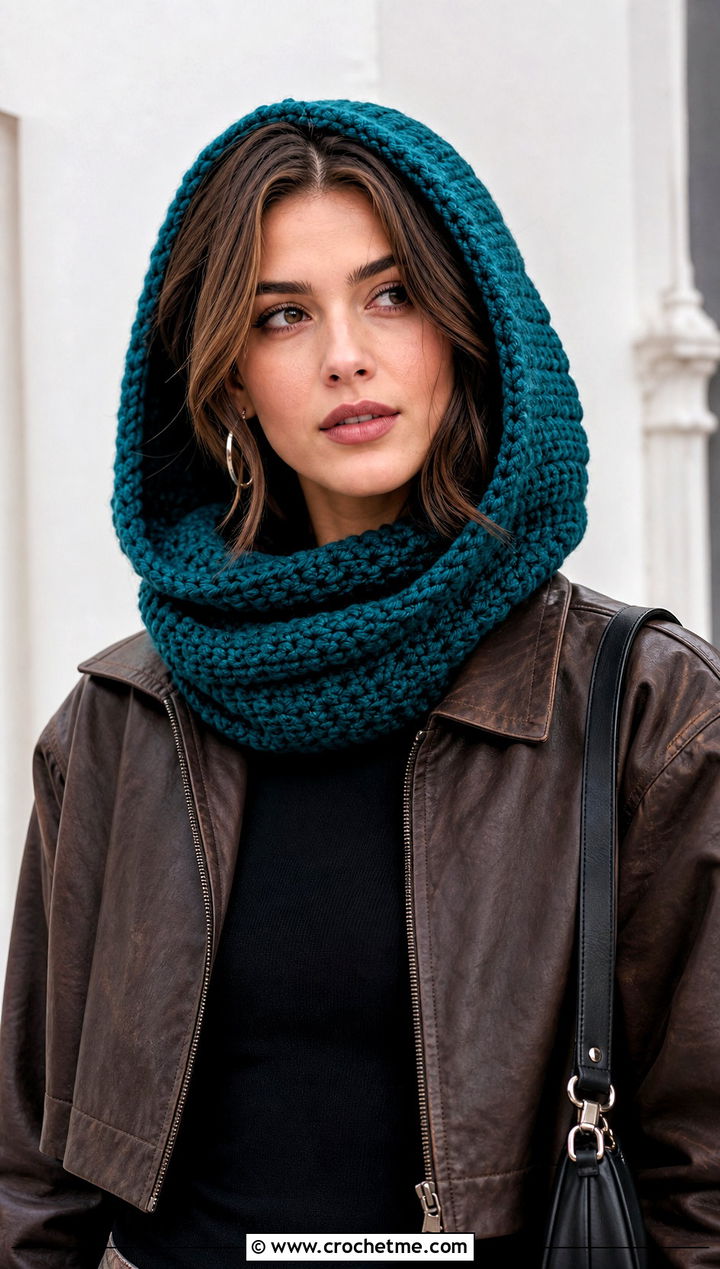 Hooded Crochet Snood Cowl With Leather Jacket - 20 crochet snood cowl outfit ideas