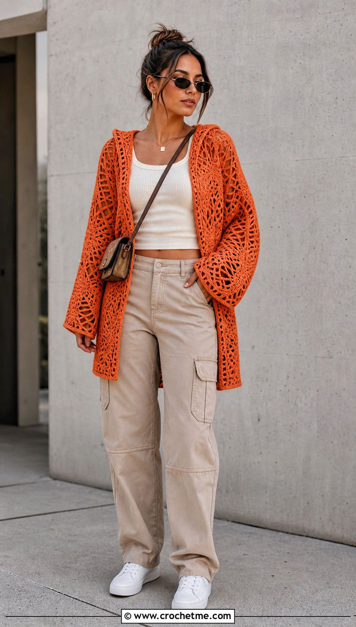 Hooded Crochet Spider Web Cardigan With Cargo Pants - 25 Crochet Spider Web Cardigan outfit ideas