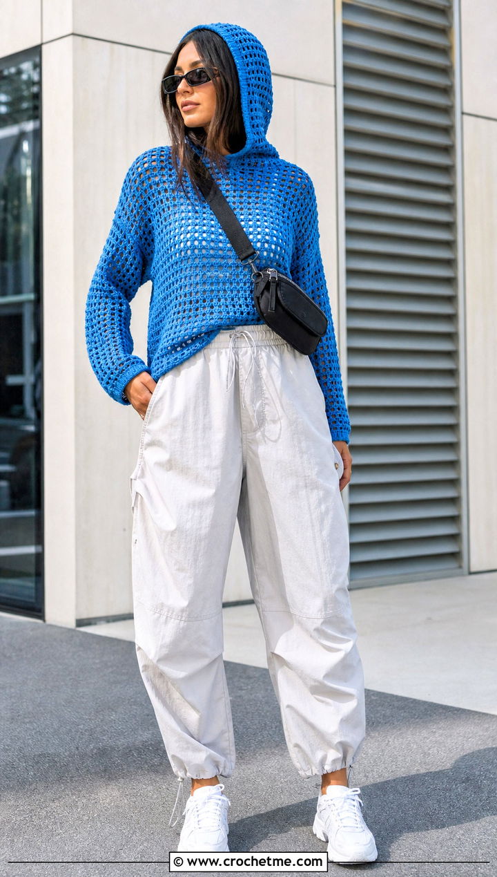 Hooded Crochet Spring Sweater With Parachute Pants - 35 crochet spring sweater outfit ideas