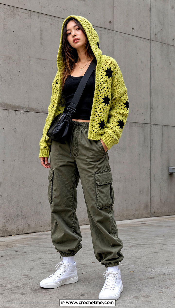 Hooded Crochet Star Granny Square Cardigan With Cargo Pants - 25 Crochet Star Granny Square Cardigan outfit ideas