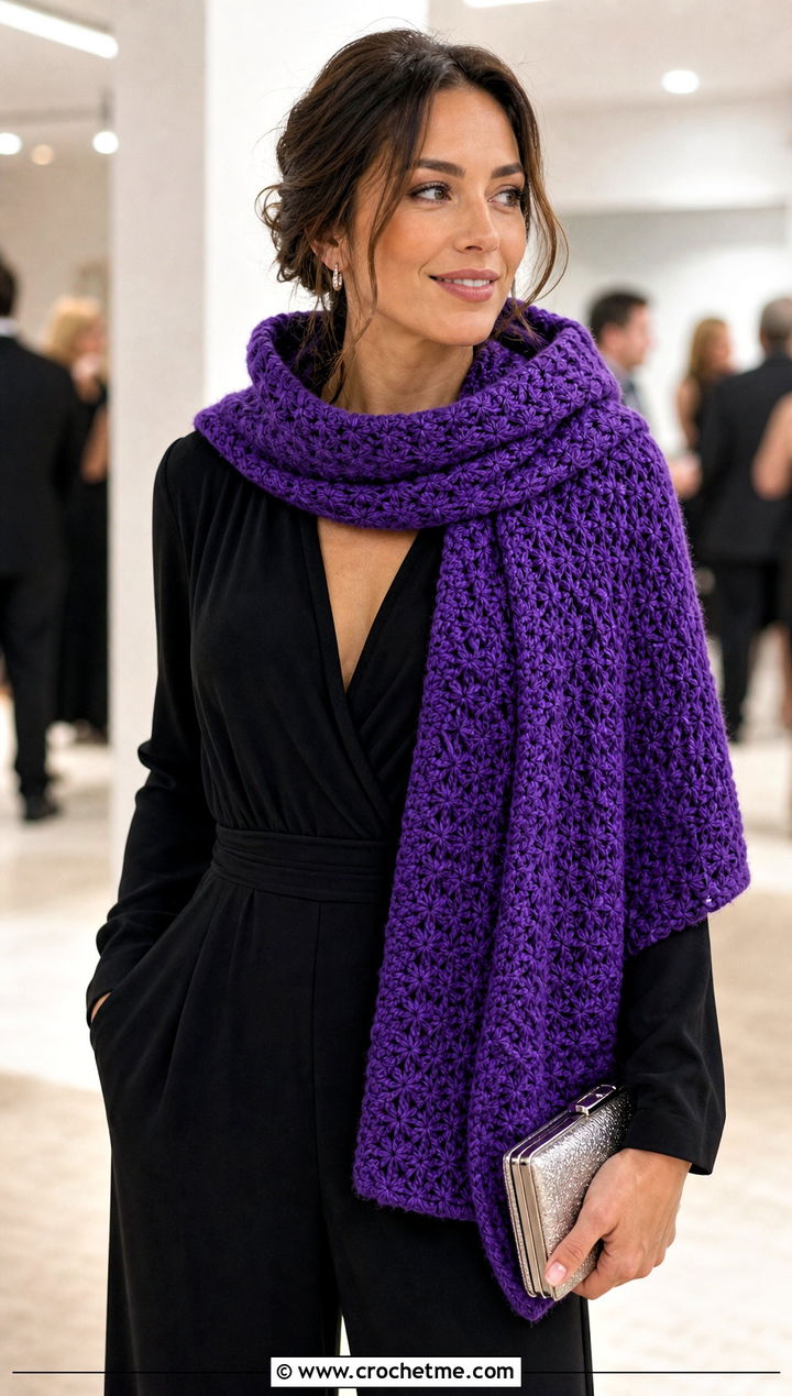 Hooded Crochet Star Stitch Scarf With Evening Jumpsuit - 25 Crochet Star Stitch Scarf outfit ideas