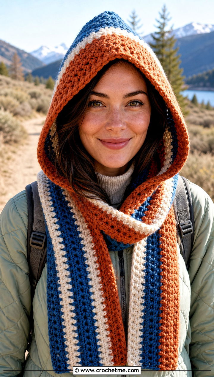 Hooded Crochet Striped Scarf With Quilted Jacket - 25 crochet striped scarf outfit ideas