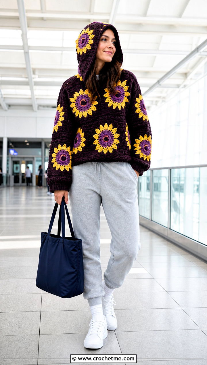 Hooded Crochet Sunflower Sweater With Joggers - 35 crochet sunflower sweater outfit ideas