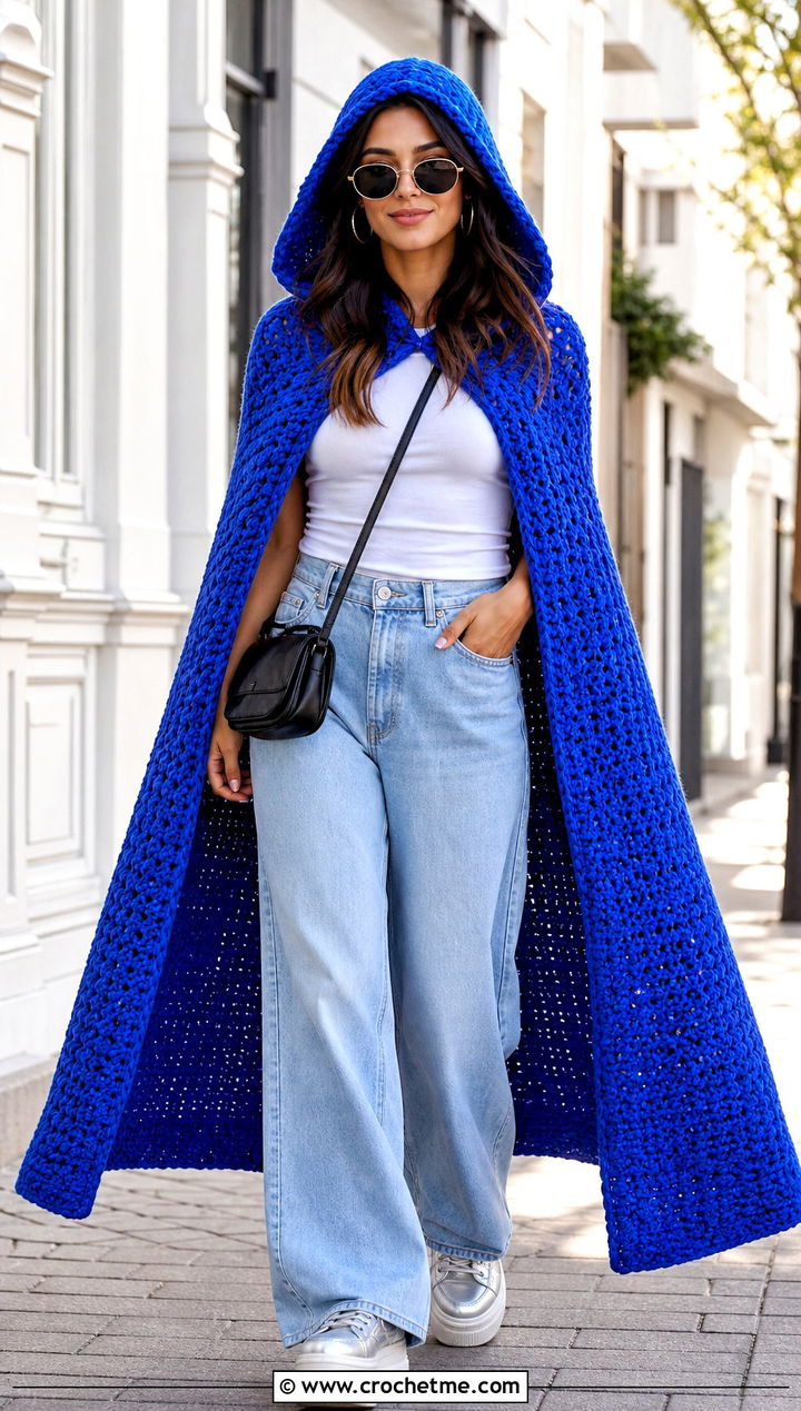 Hooded Crochet Super Hero Cape With Wide Leg Jeans - 25 Crochet Super Hero Cape outfit ideas