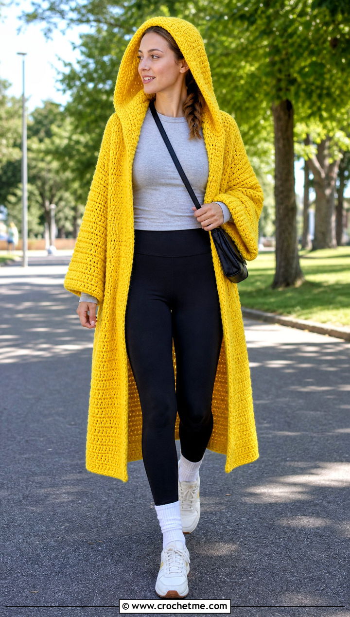 Hooded Crochet Sweater Coat With Leggings And Sneakers - 20 Crochet Sweater Coat outfit ideas