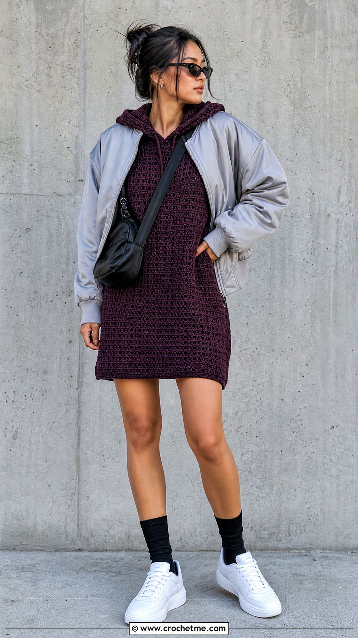 Hooded Crochet Sweater Dress With Bomber Jacket And Trainers - 35 crochet sweater dress outfit ideas
