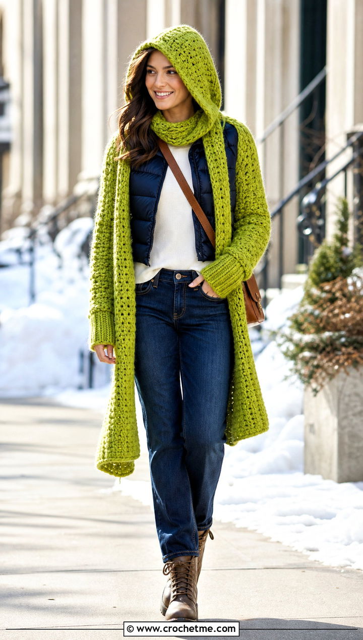 Hooded Crochet Sweater Scarf With Sleeves And Puffer Vest - 25 crochet sweater scarf with sleeves outfit ideas