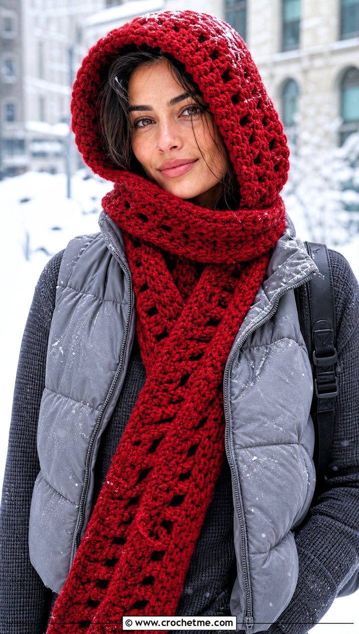 Hooded Crochet Sweater Scarf Wrap With Puffer Vest - 30 crochet scarf sweater wrap outfit ideas