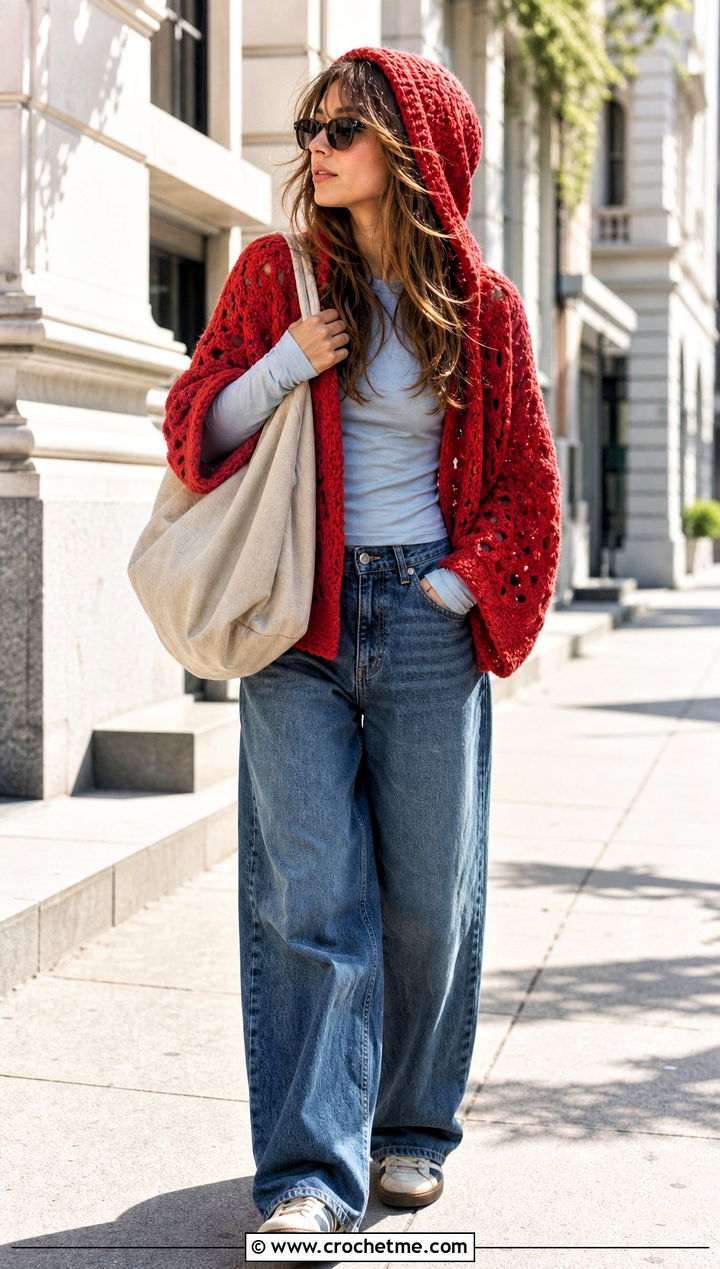 Hooded Crochet Sweater Shawl With Wide Leg Jeans - 25 crochet sweater shawl outfit ideas