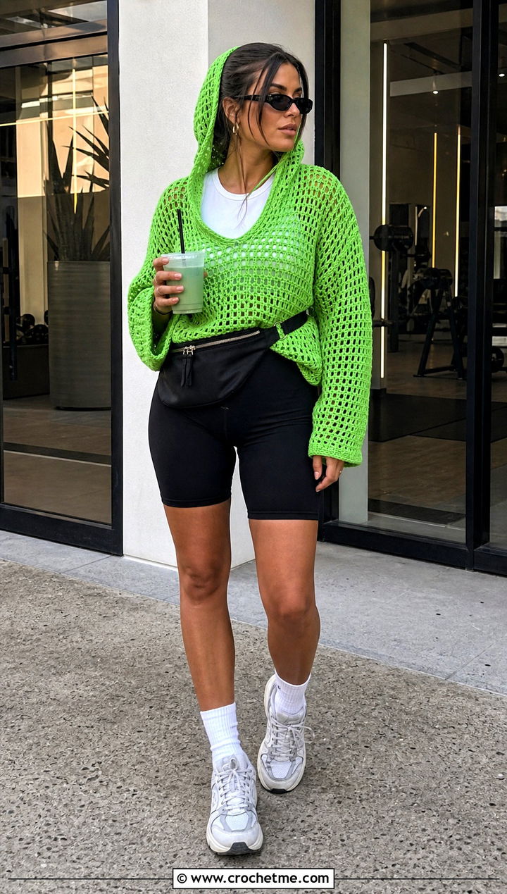 Hooded Crochet Sweater Top With Biker Shorts - 35 Crochet Top Sweater outfit ideas
