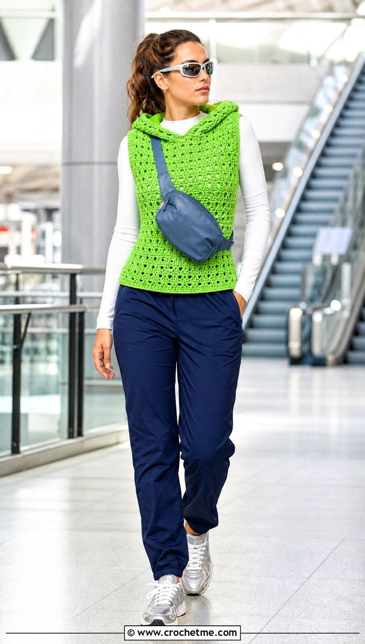 Hooded Crochet Sweater Vest With Track Pants - 15 Handmade Crochet Sweater Vest outfit ideas