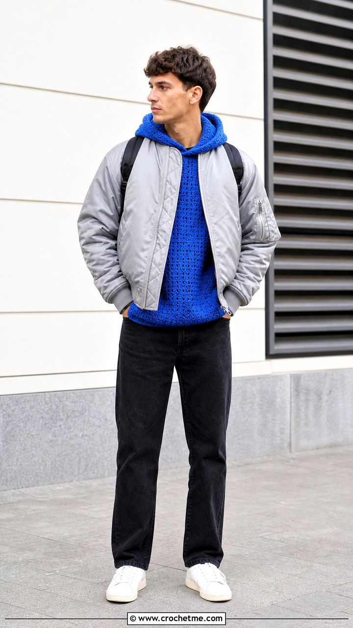Hooded Crochet Sweater With Bomber Jacket - 35 men crochet sweater outfit ideas
