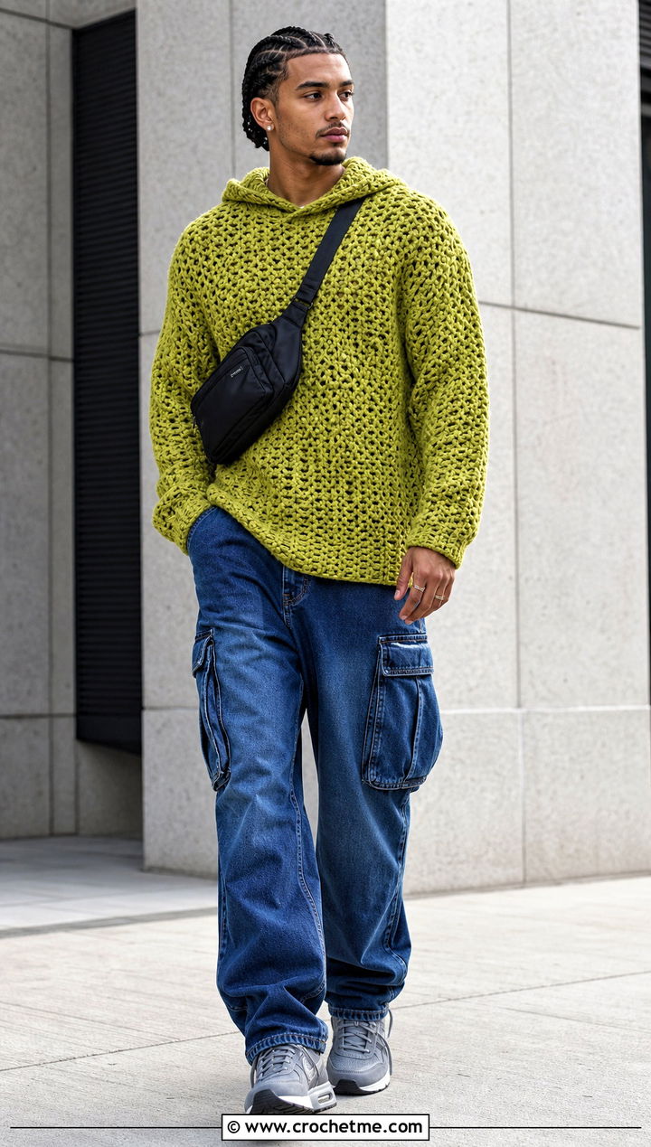 Hooded Crochet Sweater With Cargo Jeans - 30 men's crochet sweater outfit ideas