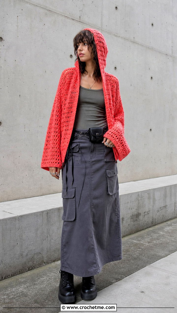 Hooded Crochet Sweater With Cargo Maxi Skirt - 25 alt crochet sweater outfit ideas