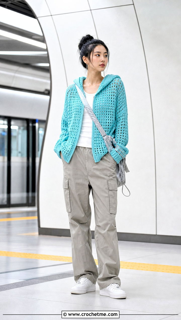 Hooded Crochet Sweater With Cargo Pants - 35 crochet sweater for women outfit ideas