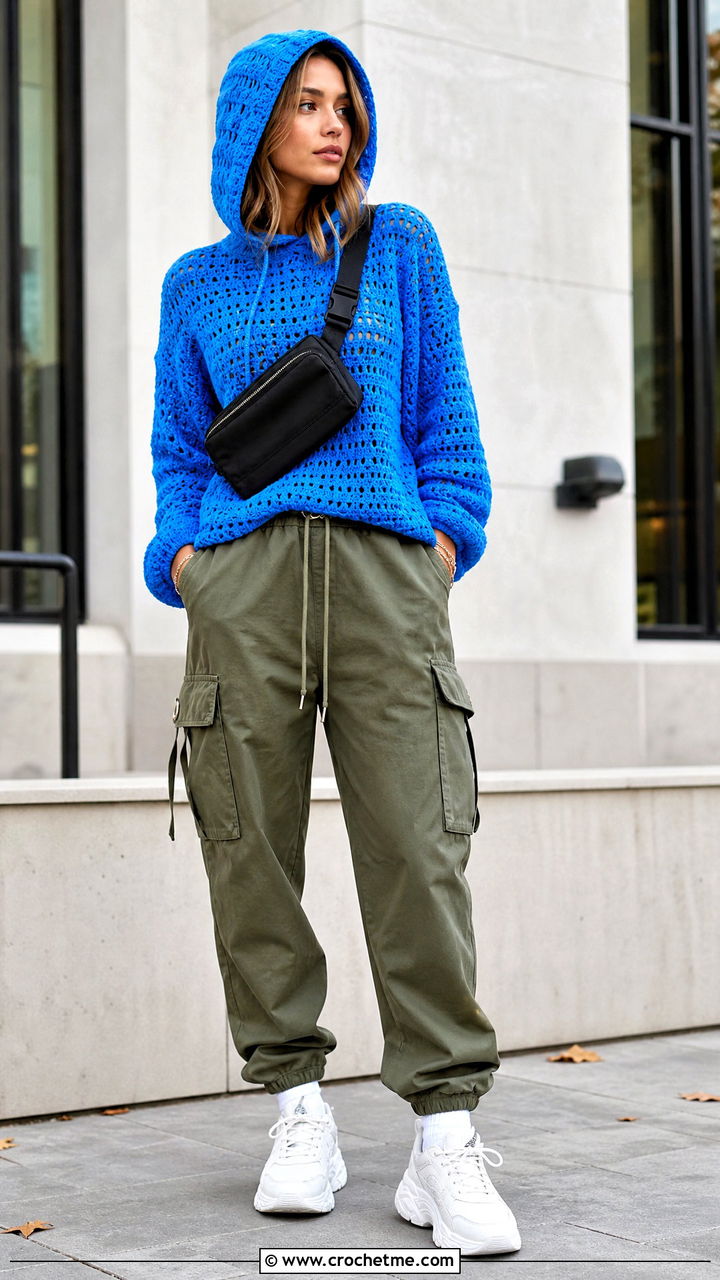 Hooded Crochet Sweater With Cargo Pants - 35 crochet sweaters women outfit ideas