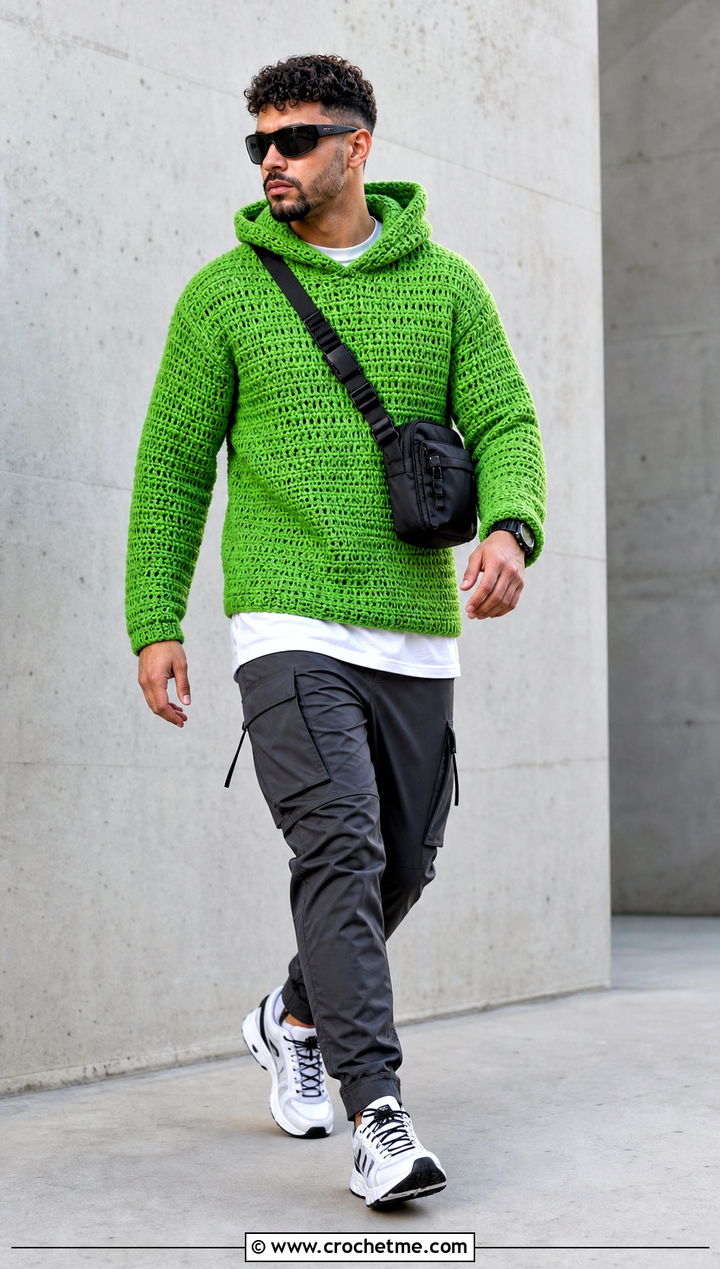 Hooded Crochet Sweater With Cargo Pants - 35 men's crochet sweater ideas