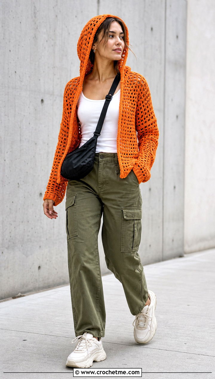 Hooded Crochet Sweater With Cargo Pants - 25 Womens Crochet Sweater outfit ideas