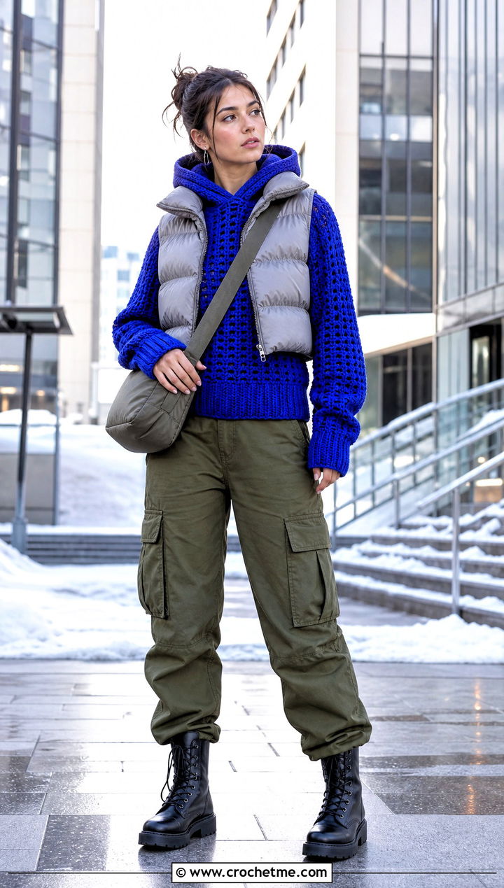 Hooded Crochet Sweater With Cargo Pants - 30 crochet winter sweater outfit ideas