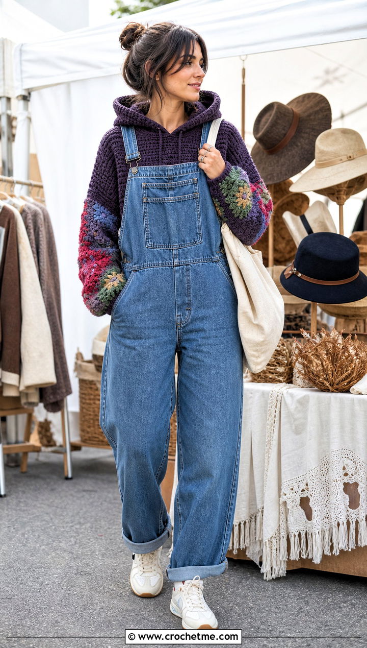 Hooded Crochet Sweater With Denim Overalls - 15 Crochet Sweater 70S outfit ideas