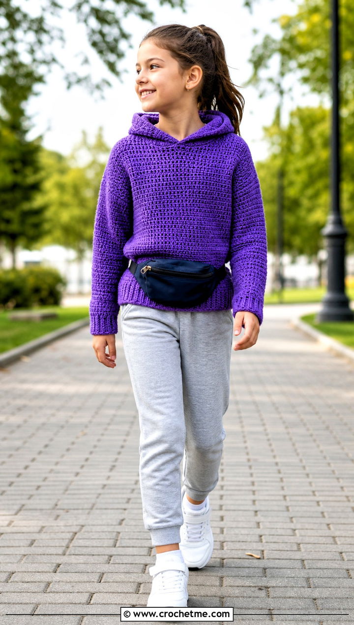 Hooded Crochet Sweater With Joggers - 15 Crochet Childs Sweater outfit ideas