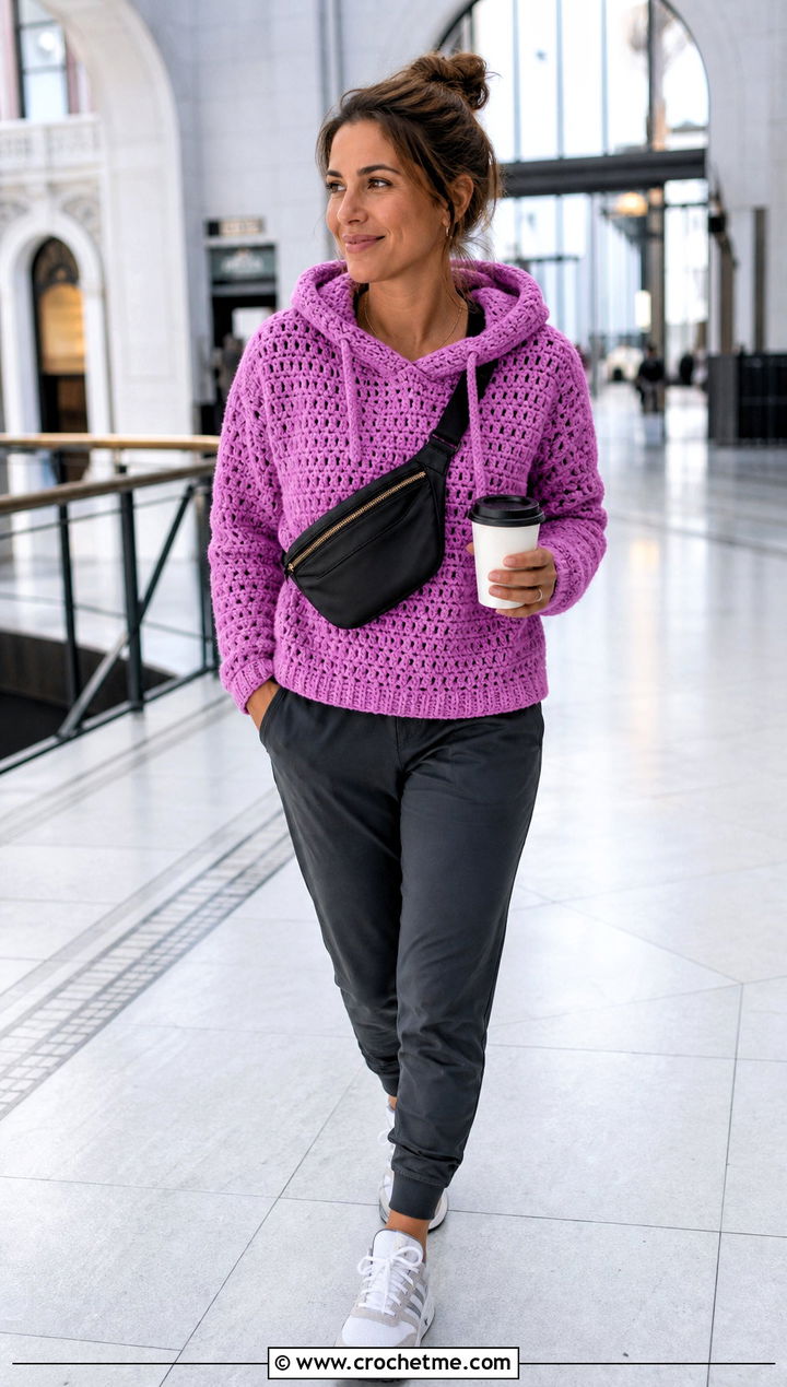 Hooded Crochet Sweater With Joggers - 30 cozy crochet sweater outfit ideas
